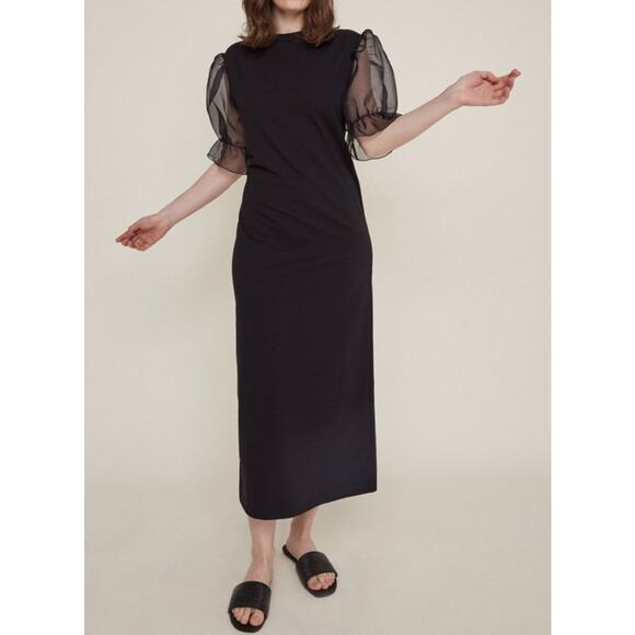 Rita Row Black Sheer Puff-Sleeved Midi Shift Dress Women’s Large - Picture 1 of 12
